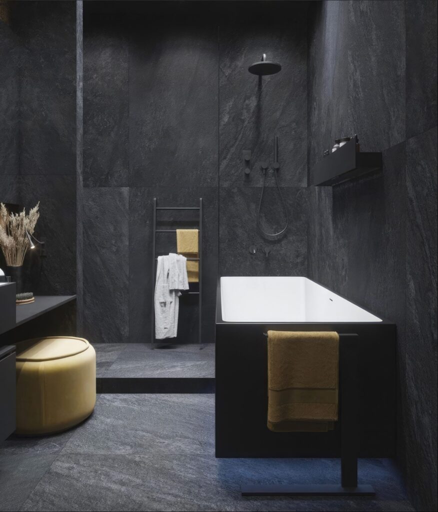 Tmavý kamenný obklad v kúpelni