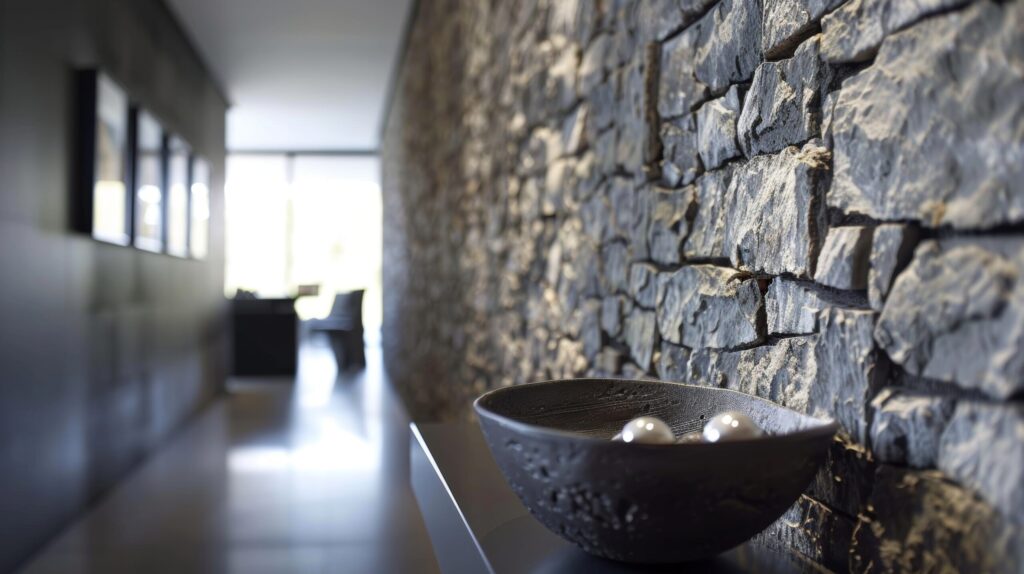 Elegantná a štýlová chodba s výraznou stenou z hrubého kameňa, ktorá dodáva inak jednoduchému priestoru textúru a štýl.