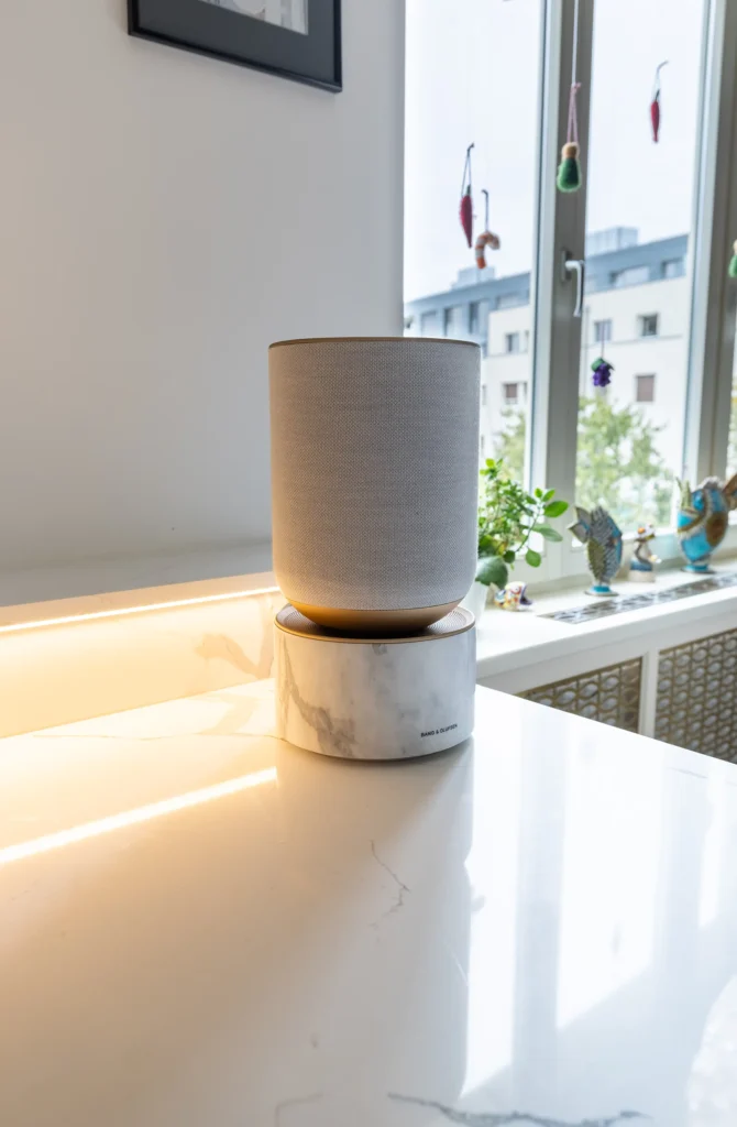 Detail kuchynskej pracovnej dosky zo žuly v kombinácii s dekoračným kamenným prvkom