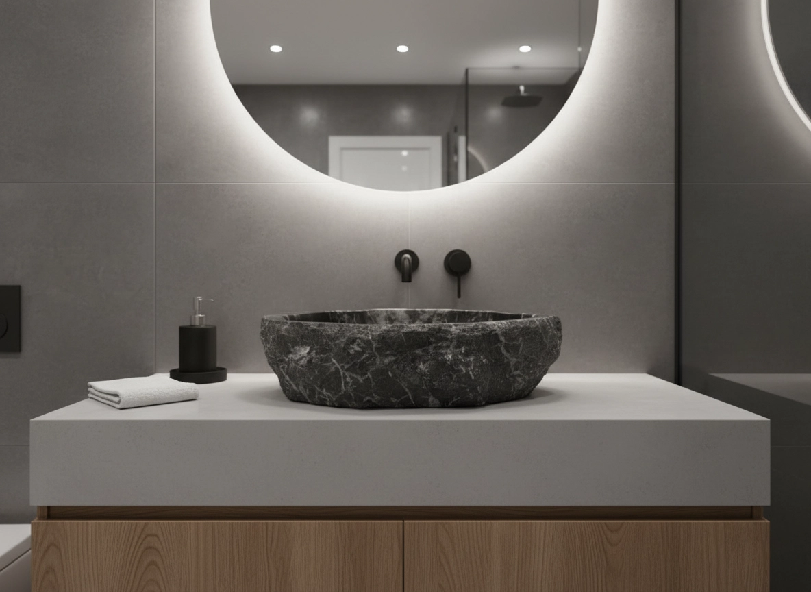 Umelecké kamenné umývadlo z kameňa Grigio Carnico v modernej kúpelni